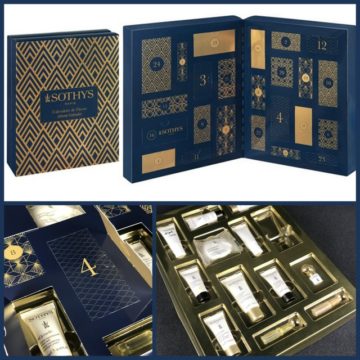 Calendrier de l'Avent Sothys. Vue d'ensemble et d'intérieur. Cale thermoformée or scintillant.